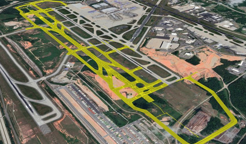 Google Earth image of a sky view of the Fourth Parallel Runway, highlighted area mapped out where the runway will be constructed