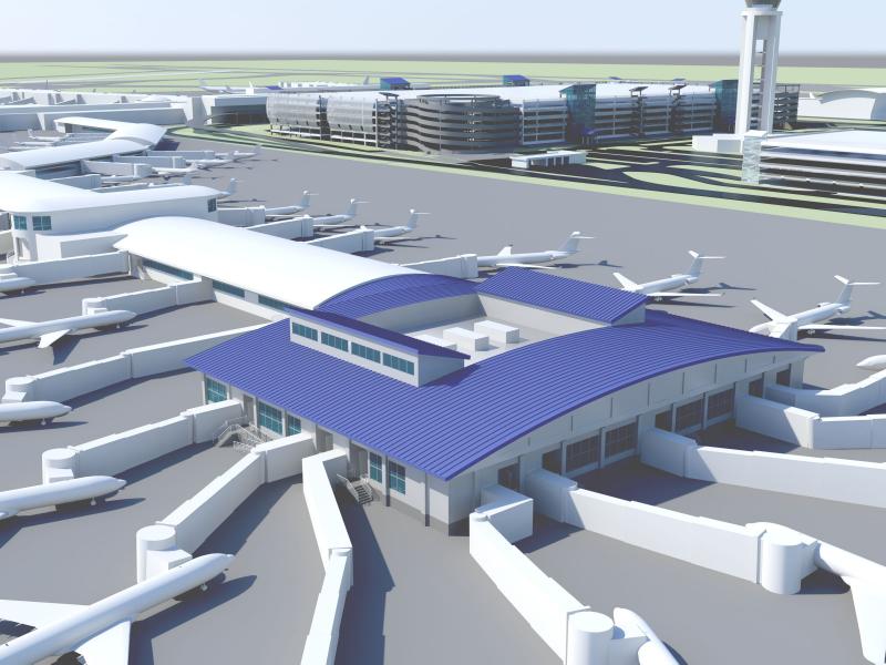Rendering of Concourse E Expansion, white airplanes with jet-bridges, blue building rooftop, featuring the parking garage and terminal