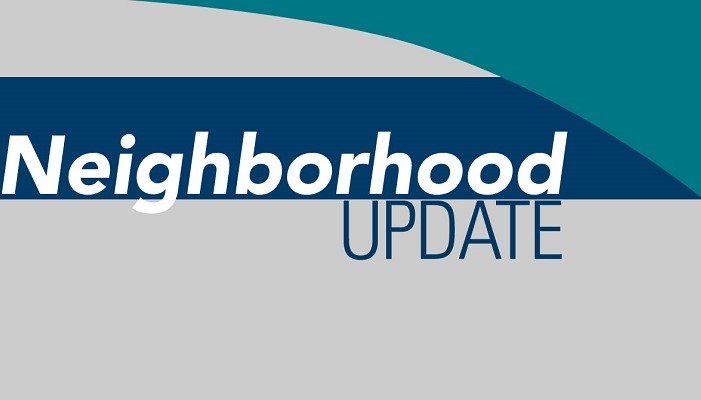 Neighborhood Update graphic with blue, teal and white color scheme 
