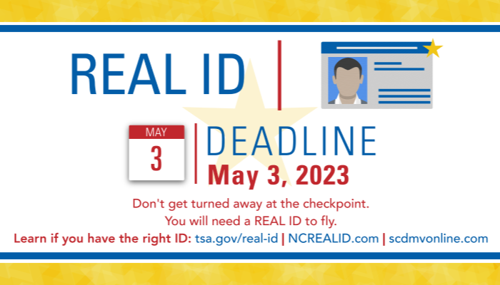 REAL ID graphic with May 3, 2023 deadline, clipart image of driver's license with Real ID symbol