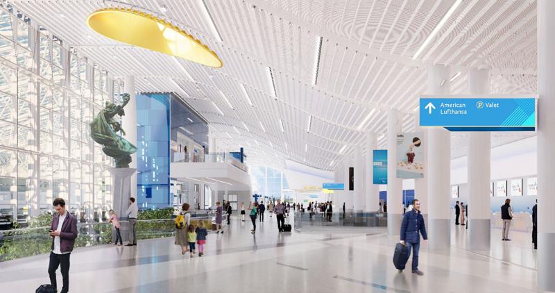 Rendering of Terminal Lobby Expansion when completed, crowds of people,  terminal signage, statue of Queen Charlotte